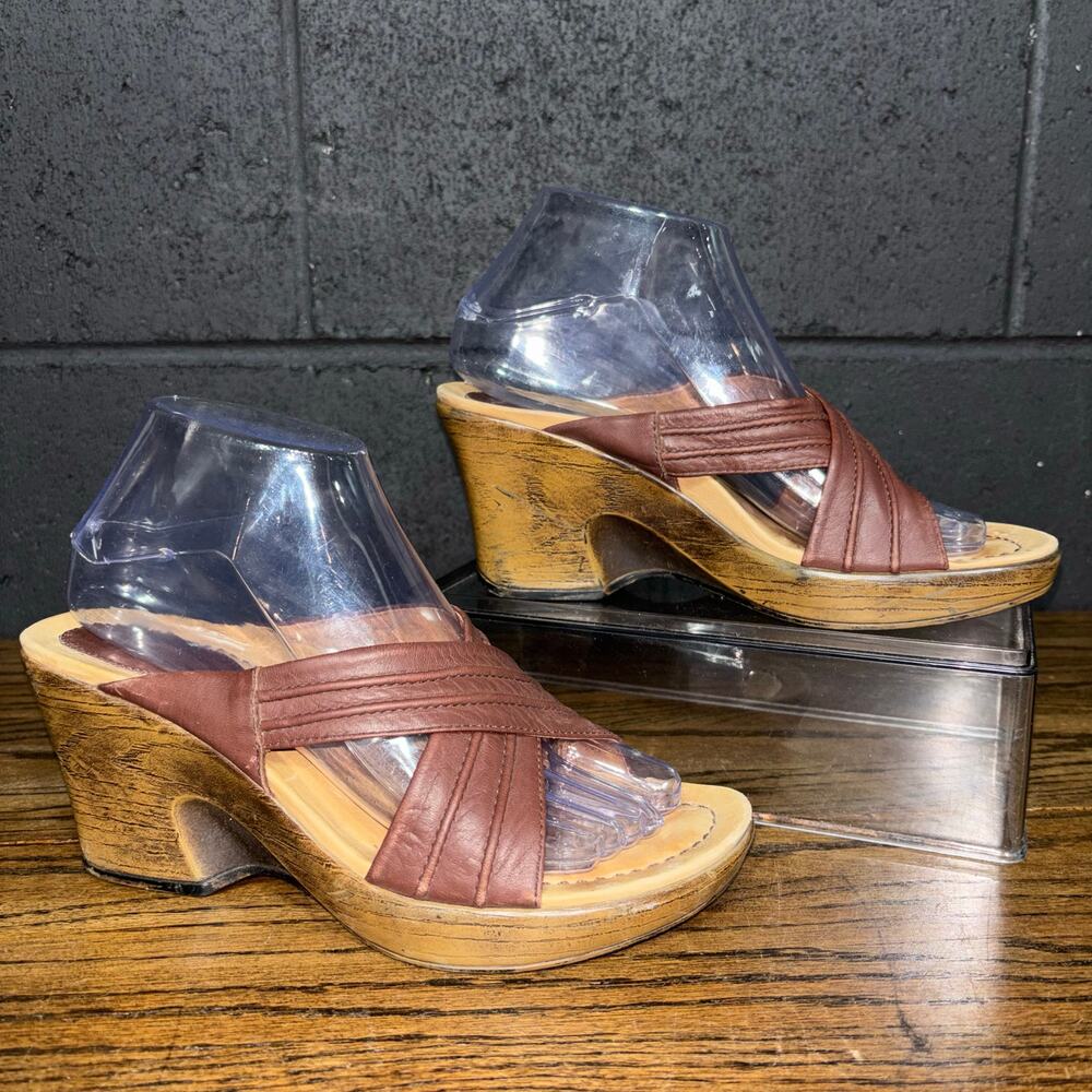 Dansko Brown Leather Wedge Sandals Criss Cross Straps Comfort EU 38 US 7.5
